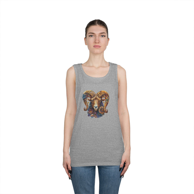 Bohemian Floral Ram Tank Top - Unisex Cotton Singlet, Artistic Apparel, Summer Wear, Festival Fashion, Nature Lover Gift