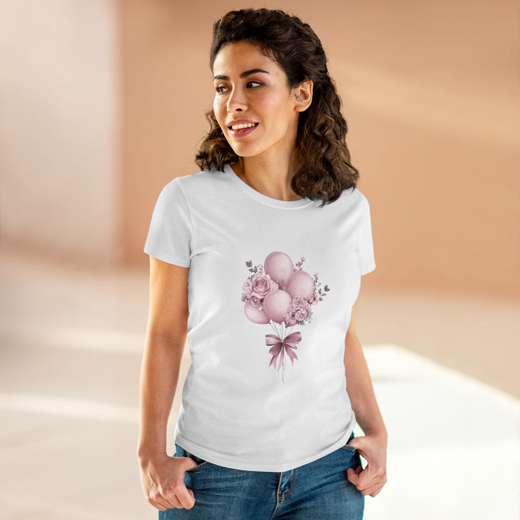 Women's Floral Balloon Tee, Cute Graphic Tee, Birthday Gift, Casual Cotton Shirt, Everyday Wear, Floral Design