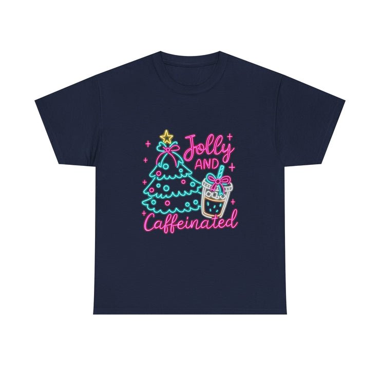 Jolly and Caffeinated Tee, Fun Holiday T-Shirt, Christmas Shirt, Unique Gift, Comfortable Cotton Tee, Festive Apparel