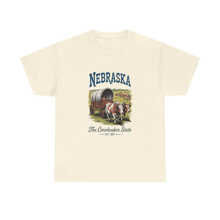 Nebraska Heritage Unisex Heavy Cotton Tee, Vintage State Shirt, Nebraska Flag Apparel, Midwest Pride T-Shirt, Cowpoke Style Tee, USA States Design
