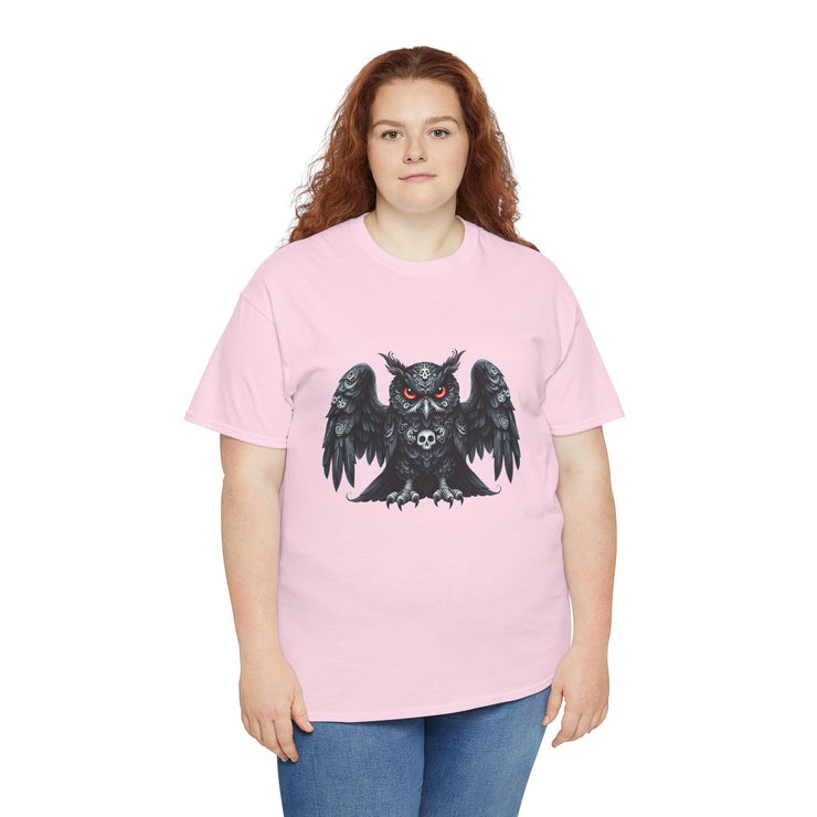 Owl Skull Graphic Tee, Unisex Heavy Cotton T-Shirt, Edgy Apparel for Halloween, Casual Wear, Gift for Gothic Style Lovers