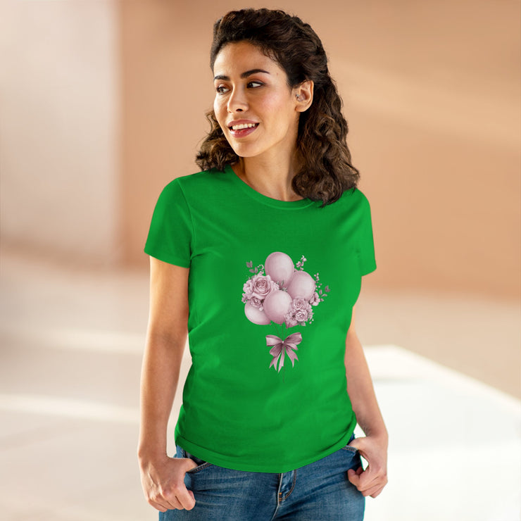Women's Floral Balloon Tee, Cute Graphic Tee, Birthday Gift, Casual Cotton Shirt, Everyday Wear, Floral Design