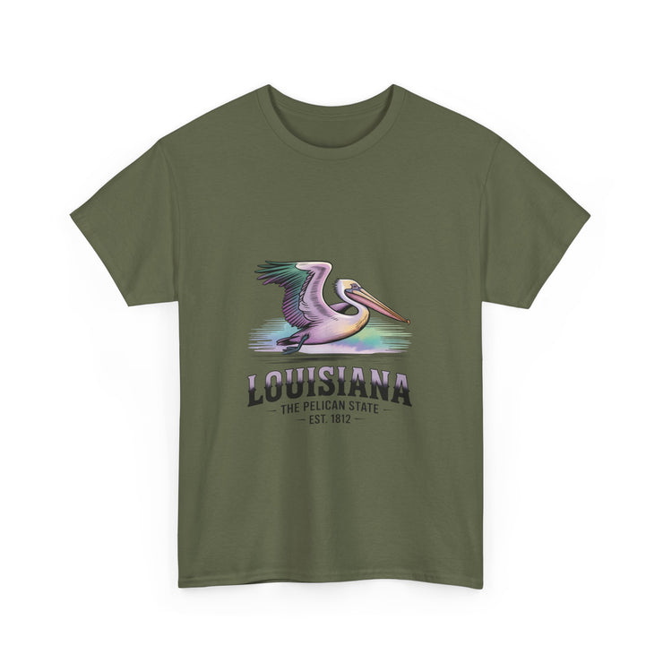 Louisiana Pelican Unisex Heavy Cotton Tee, Coastal Vibes Shirt, Gift for Louisiana Lovers, Casual Wear, Beach Trip T-Shirt, USA States Design
