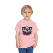 Toddler Halloween Bat Tee, Cute Toddler T-Shirt, Kids Halloween Apparel, Spooky Party Outfit, Bat and Roses Design
