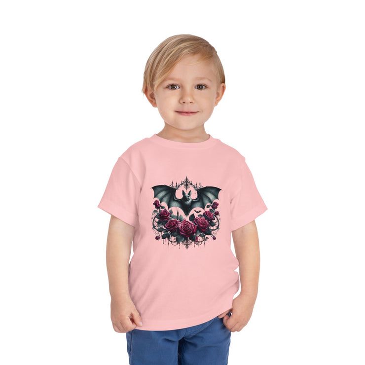 Toddler Halloween Bat Tee, Cute Toddler T-Shirt, Kids Halloween Apparel, Spooky Party Outfit, Bat and Roses Design