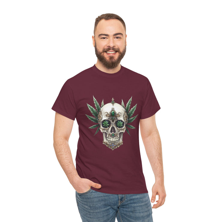 Skull & Greenery Unisex Heavy Cotton Tee - Edgy Graphic Shirt for Casual Wear, Festival Clothing, Gift for Him/Her, Summer Vibes.