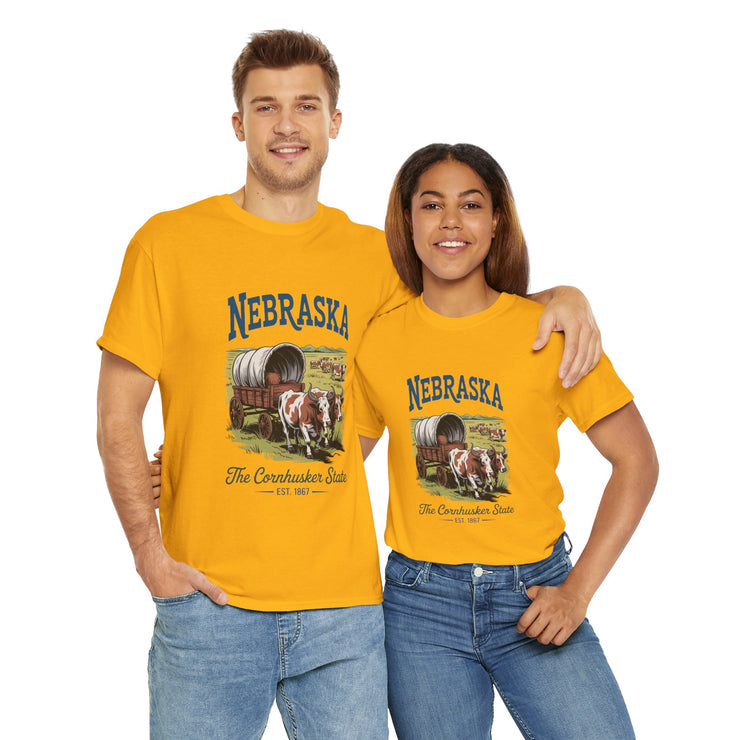 Nebraska Heritage Unisex Heavy Cotton Tee, Vintage State Shirt, Nebraska Flag Apparel, Midwest Pride T-Shirt, Cowpoke Style Tee, USA States Design
