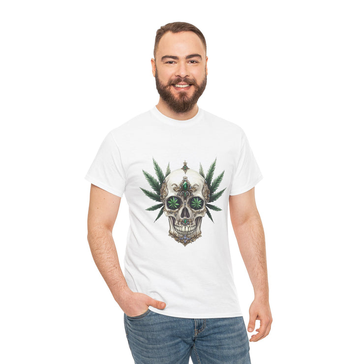 Skull & Greenery Unisex Heavy Cotton Tee - Edgy Graphic Shirt for Casual Wear, Festival Clothing, Gift for Him/Her, Summer Vibes.