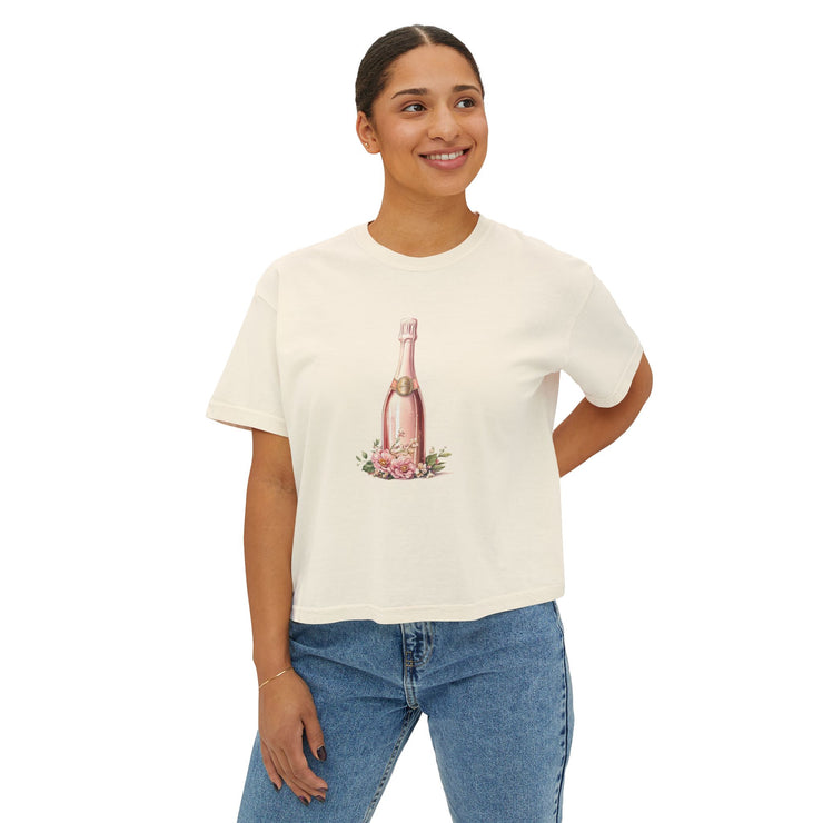 Chic Women's Boxy Tee with Champagne Bottle Design, Casual T-Shirt, Wedding Gift, Brunch Outfit, Floral Tee, Summer Style