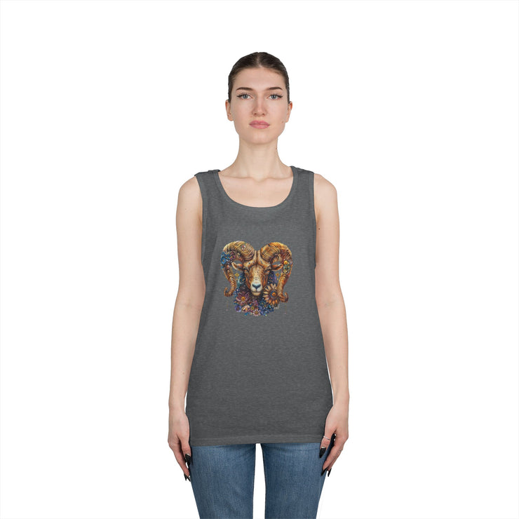 Bohemian Floral Ram Tank Top - Unisex Cotton Singlet, Artistic Apparel, Summer Wear, Festival Fashion, Nature Lover Gift