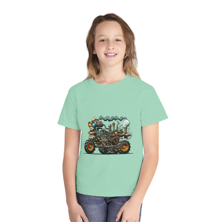 Youth Tee, Cool Graphic Shirt for Kids, Steam Engine Design, Perfect for Birthdays, Playtime, Fun Unique Gift