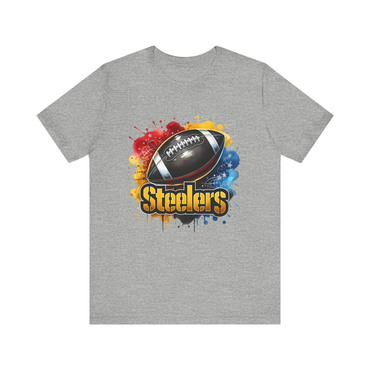Steelers Football Splash Tee | Unisex Short Sleeve Shirt for Game Day, Sports Fan, Gift for Him, Tailgate Party, Sports Design