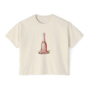 Chic Women's Boxy Tee with Champagne Bottle Design, Casual T-Shirt, Wedding Gift, Brunch Outfit, Floral Tee, Summer Style
