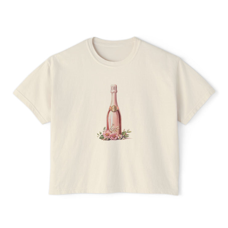 Chic Women's Boxy Tee with Champagne Bottle Design, Casual T-Shirt, Wedding Gift, Brunch Outfit, Floral Tee, Summer Style