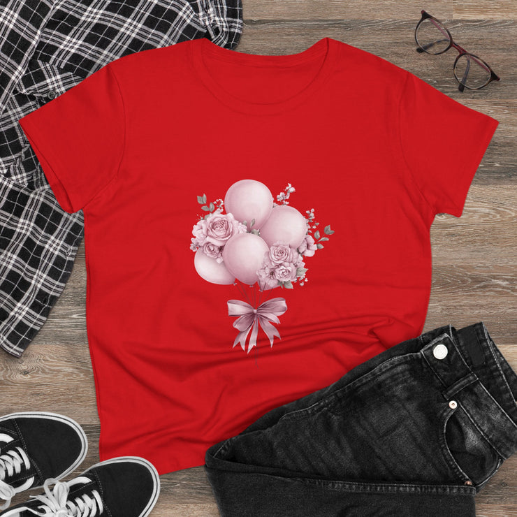 Women's Floral Balloon Tee, Cute Graphic Tee, Birthday Gift, Casual Cotton Shirt, Everyday Wear, Floral Design