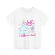 Jolly and Caffeinated Tee, Fun Holiday T-Shirt, Christmas Shirt, Unique Gift, Comfortable Cotton Tee, Festive Apparel