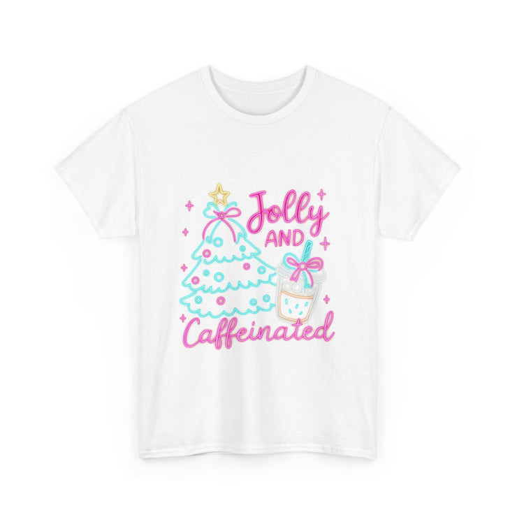 Jolly and Caffeinated Tee, Fun Holiday T-Shirt, Christmas Shirt, Unique Gift, Comfortable Cotton Tee, Festive Apparel