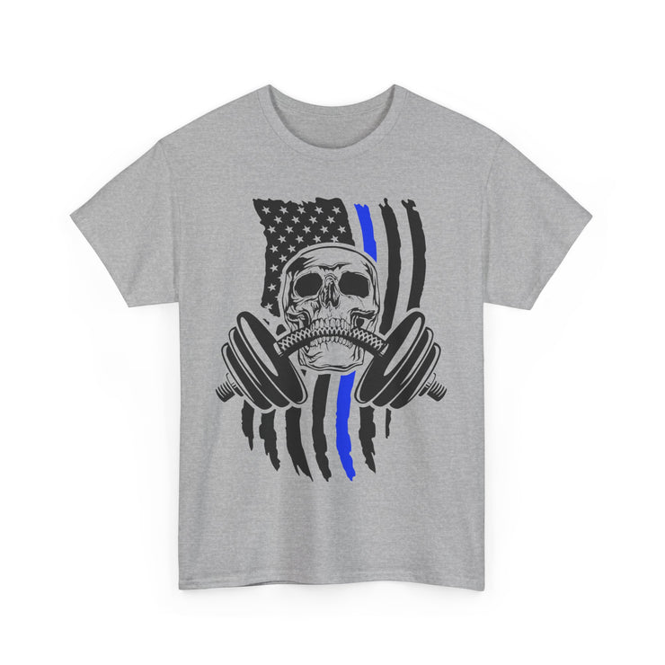 Unisex Skull American Flag Tee, Gym Shirt, Fitness Apparel, Workout Gift, Casual Wear, Patriotic Activewear