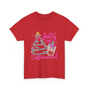 Jolly and Caffeinated Tee, Fun Holiday T-Shirt, Christmas Shirt, Unique Gift, Comfortable Cotton Tee, Festive Apparel