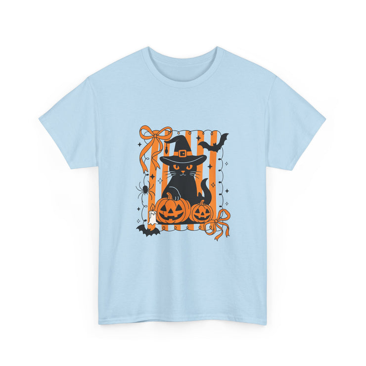 Halloween Cat Tee, Unisex Heavy Cotton Tee, Spooky Season Shirt, Fall Festivity Apparel, Pumpkin Lover Gift