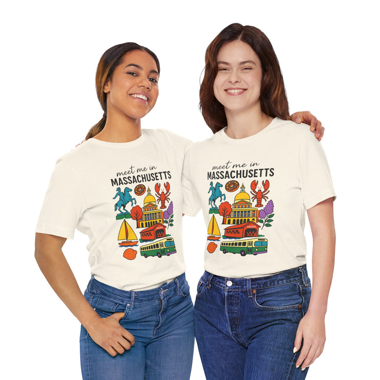 Meet Me in Massachusetts Tee - Unisex Jersey Short Sleeve Shirt, Massachusetts Travel T-Shirt, USA States Design