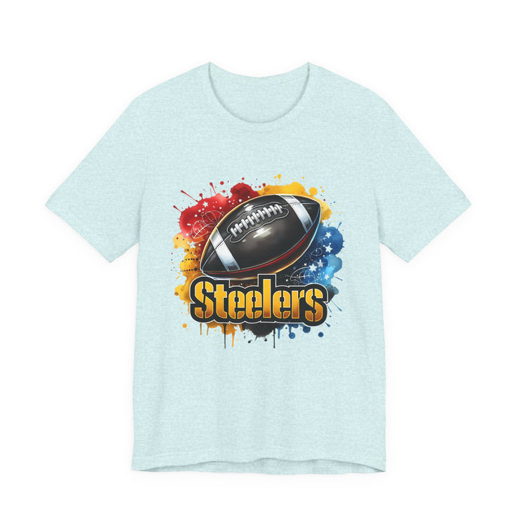 Steelers Football Splash Tee | Unisex Short Sleeve Shirt for Game Day, Sports Fan, Gift for Him, Tailgate Party, Sports Design