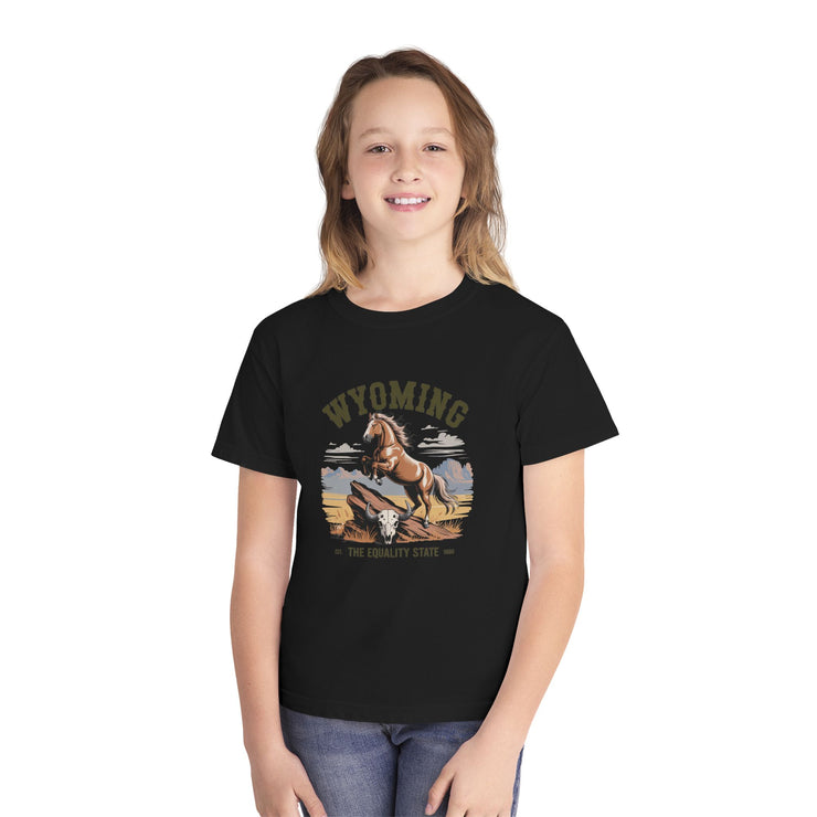 Wyoming Horse Youth Tee, Casual T-Shirt, Kids Graphic Tee, USA States Design, Horse Lover Gift, State Pride Apparel