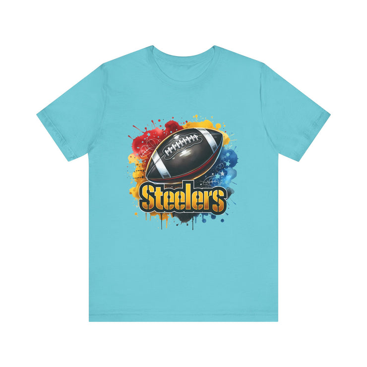 Steelers Football Splash Tee | Unisex Short Sleeve Shirt for Game Day, Sports Fan, Gift for Him, Tailgate Party, Sports Design