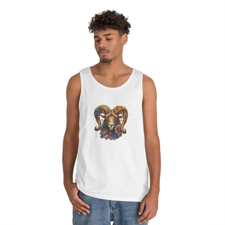 Bohemian Floral Ram Tank Top - Unisex Cotton Singlet, Artistic Apparel, Summer Wear, Festival Fashion, Nature Lover Gift