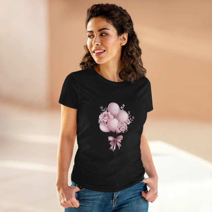 Women's Floral Balloon Tee, Cute Graphic Tee, Birthday Gift, Casual Cotton Shirt, Everyday Wear, Floral Design