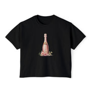 Chic Women's Boxy Tee with Champagne Bottle Design, Casual T-Shirt, Wedding Gift, Brunch Outfit, Floral Tee, Summer Style