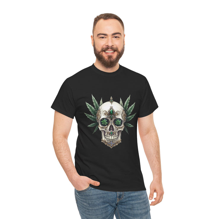 Skull & Greenery Unisex Heavy Cotton Tee - Edgy Graphic Shirt for Casual Wear, Festival Clothing, Gift for Him/Her, Summer Vibes.