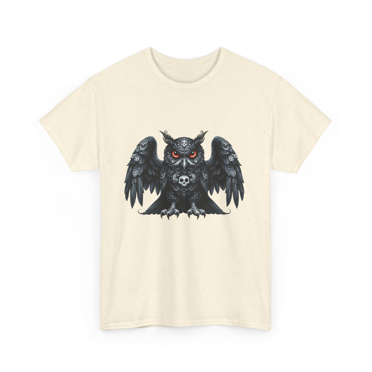 Owl Skull Graphic Tee, Unisex Heavy Cotton T-Shirt, Edgy Apparel for Halloween, Casual Wear, Gift for Gothic Style Lovers