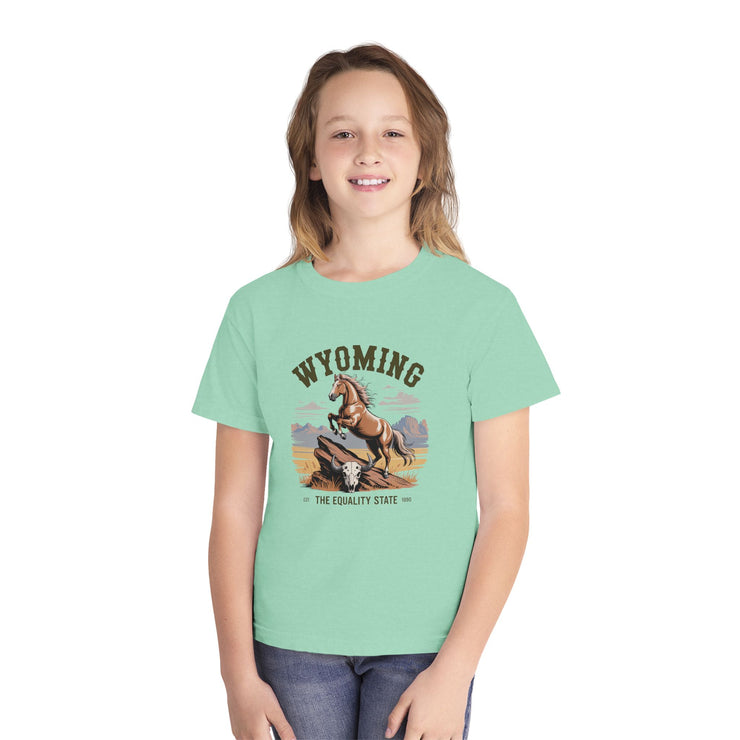 Wyoming Horse Youth Tee, Casual T-Shirt, Kids Graphic Tee, USA States Design, Horse Lover Gift, State Pride Apparel