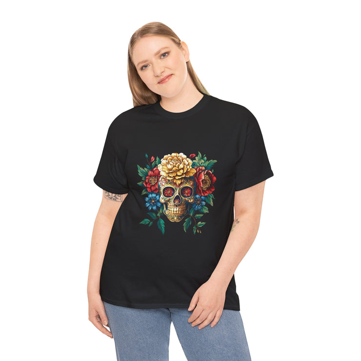 Floral Skull Tee - Unisex Heavy Cotton | Boho Style Shirt, Festival Wear, Gothic Aesthetic, Unique Gift, Casual Everyday Top