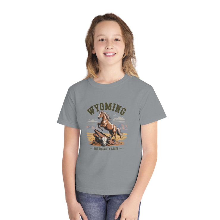 Wyoming Horse Youth Tee, Casual T-Shirt, Kids Graphic Tee, USA States Design, Horse Lover Gift, State Pride Apparel