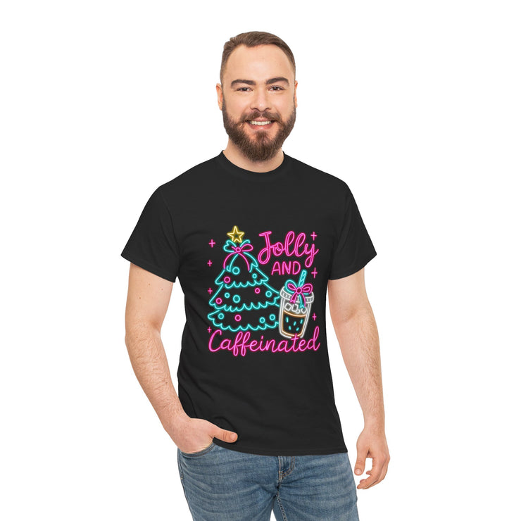 Jolly and Caffeinated Tee, Fun Holiday T-Shirt, Christmas Shirt, Unique Gift, Comfortable Cotton Tee, Festive Apparel