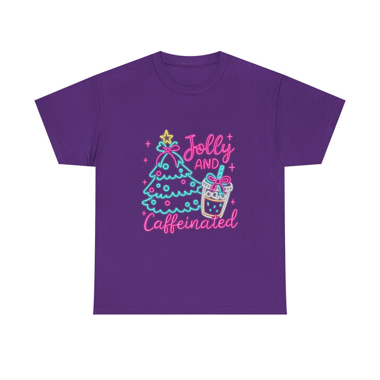 Jolly and Caffeinated Tee, Fun Holiday T-Shirt, Christmas Shirt, Unique Gift, Comfortable Cotton Tee, Festive Apparel