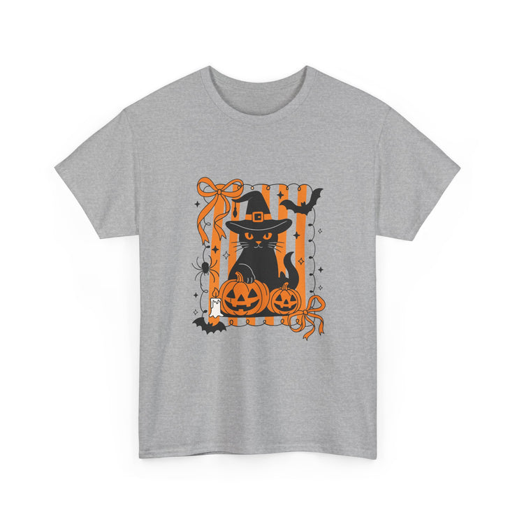 Halloween Cat Tee, Unisex Heavy Cotton Tee, Spooky Season Shirt, Fall Festivity Apparel, Pumpkin Lover Gift