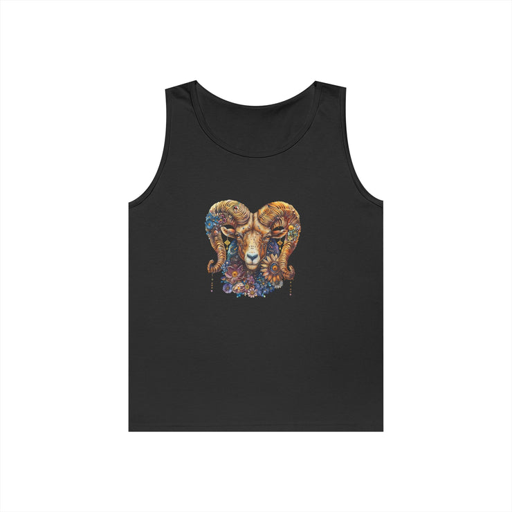 Bohemian Floral Ram Tank Top - Unisex Cotton Singlet, Artistic Apparel, Summer Wear, Festival Fashion, Nature Lover Gift