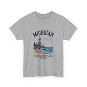 Michigan Lighthouse Unisex Heavy Cotton Tee, Great Lakes State Shirt, Gift for Travelers, Summer Casual Wear, Lakeshore Tee, USA States Design