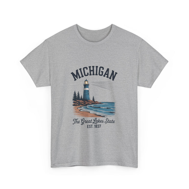 Michigan Lighthouse Unisex Heavy Cotton Tee, Great Lakes State Shirt, Gift for Travelers, Summer Casual Wear, Lakeshore Tee, USA States Design