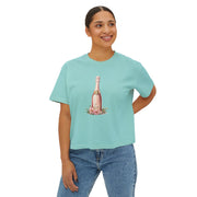 Chic Women's Boxy Tee with Champagne Bottle Design, Casual T-Shirt, Wedding Gift, Brunch Outfit, Floral Tee, Summer Style