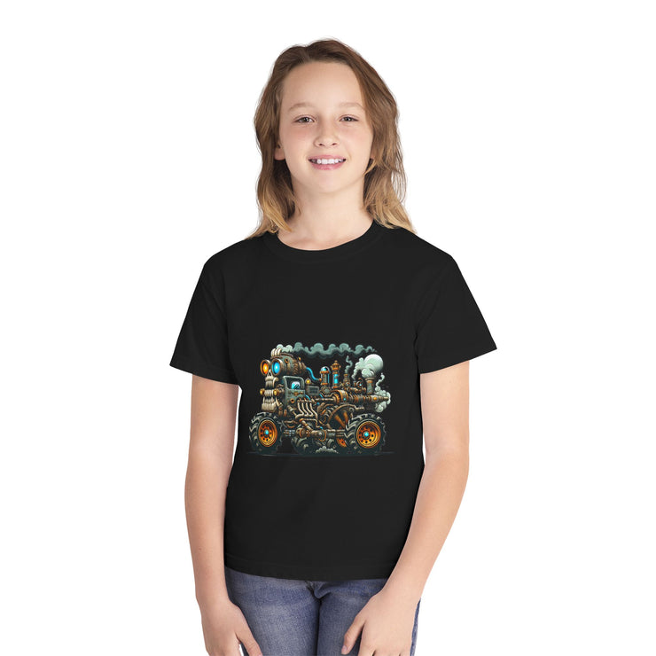 Youth Tee, Cool Graphic Shirt for Kids, Steam Engine Design, Perfect for Birthdays, Playtime, Fun Unique Gift