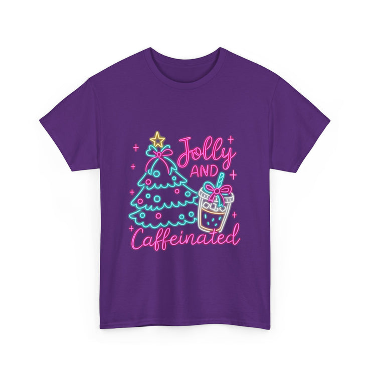 Jolly and Caffeinated Tee, Fun Holiday T-Shirt, Christmas Shirt, Unique Gift, Comfortable Cotton Tee, Festive Apparel