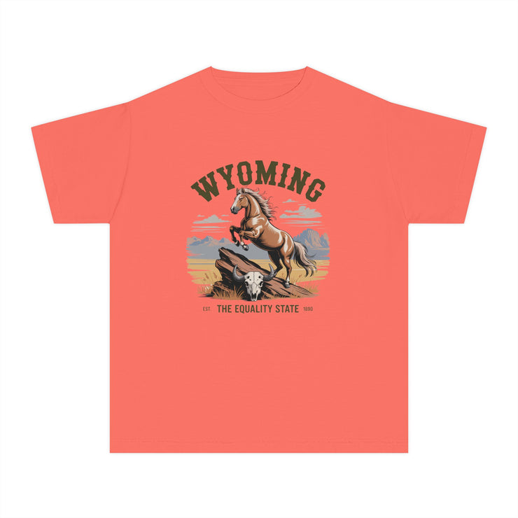 Wyoming Horse Youth Tee, Casual T-Shirt, Kids Graphic Tee, USA States Design, Horse Lover Gift, State Pride Apparel