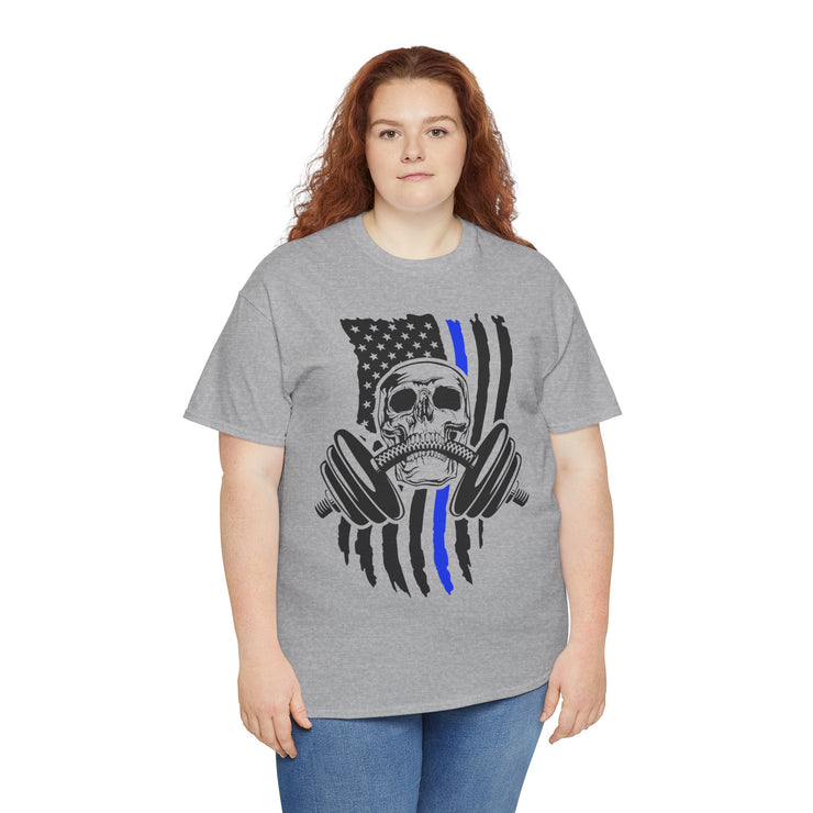 Unisex Skull American Flag Tee, Gym Shirt, Fitness Apparel, Workout Gift, Casual Wear, Patriotic Activewear