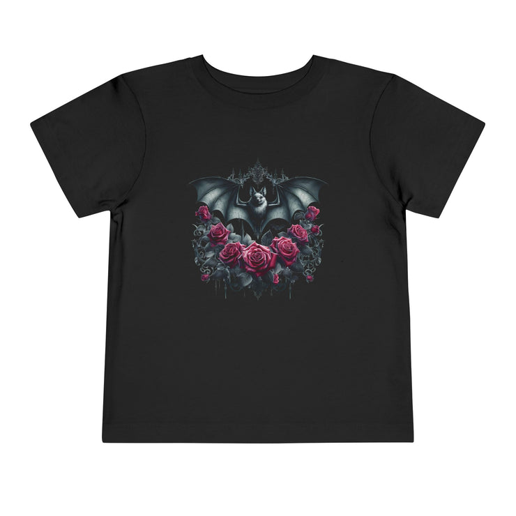 Toddler Halloween Bat Tee, Cute Toddler T-Shirt, Kids Halloween Apparel, Spooky Party Outfit, Bat and Roses Design