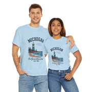 Michigan Lighthouse Unisex Heavy Cotton Tee, Great Lakes State Shirt, Gift for Travelers, Summer Casual Wear, Lakeshore Tee, USA States Design