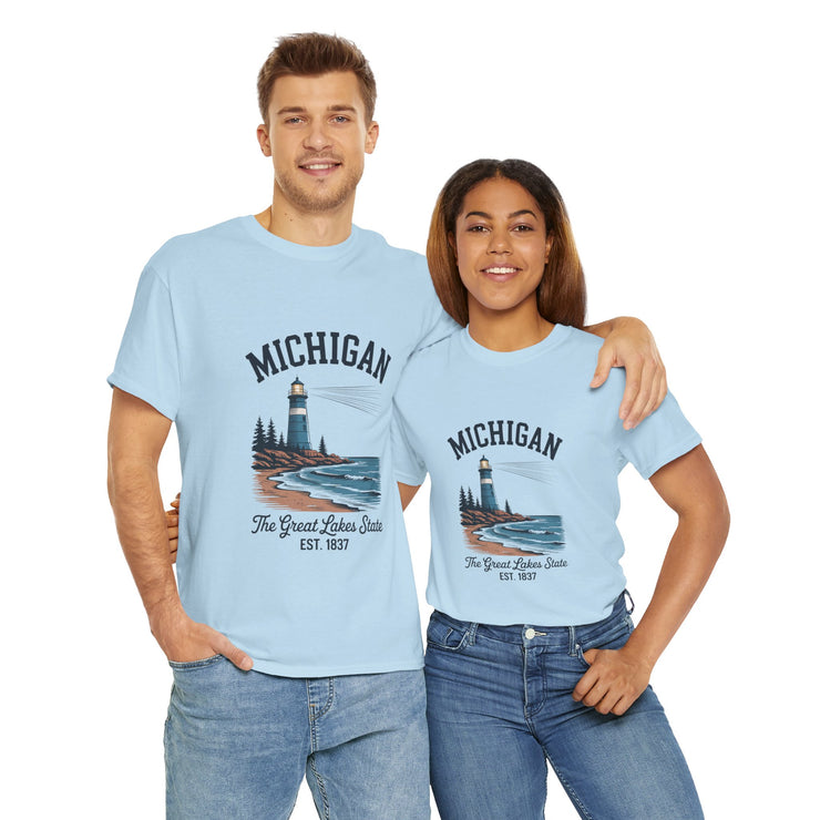 Michigan Lighthouse Unisex Heavy Cotton Tee, Great Lakes State Shirt, Gift for Travelers, Summer Casual Wear, Lakeshore Tee, USA States Design